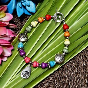 Artisan Hand Crafted Bracelet Om Aum Symbol Chakra Colors Silver Lotus Flower